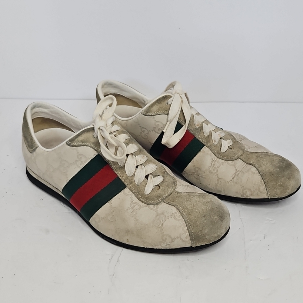 Gucci Cream Suede And Leather Web Low Top Sneakers Size 7.5 US - Picture 2 of 11